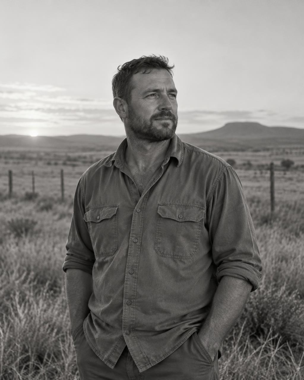 A man standing in the open veld, looking out thoughtfully
