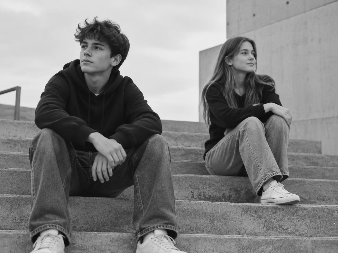 Two teenagers sitting thoughtfully on outdoor steps